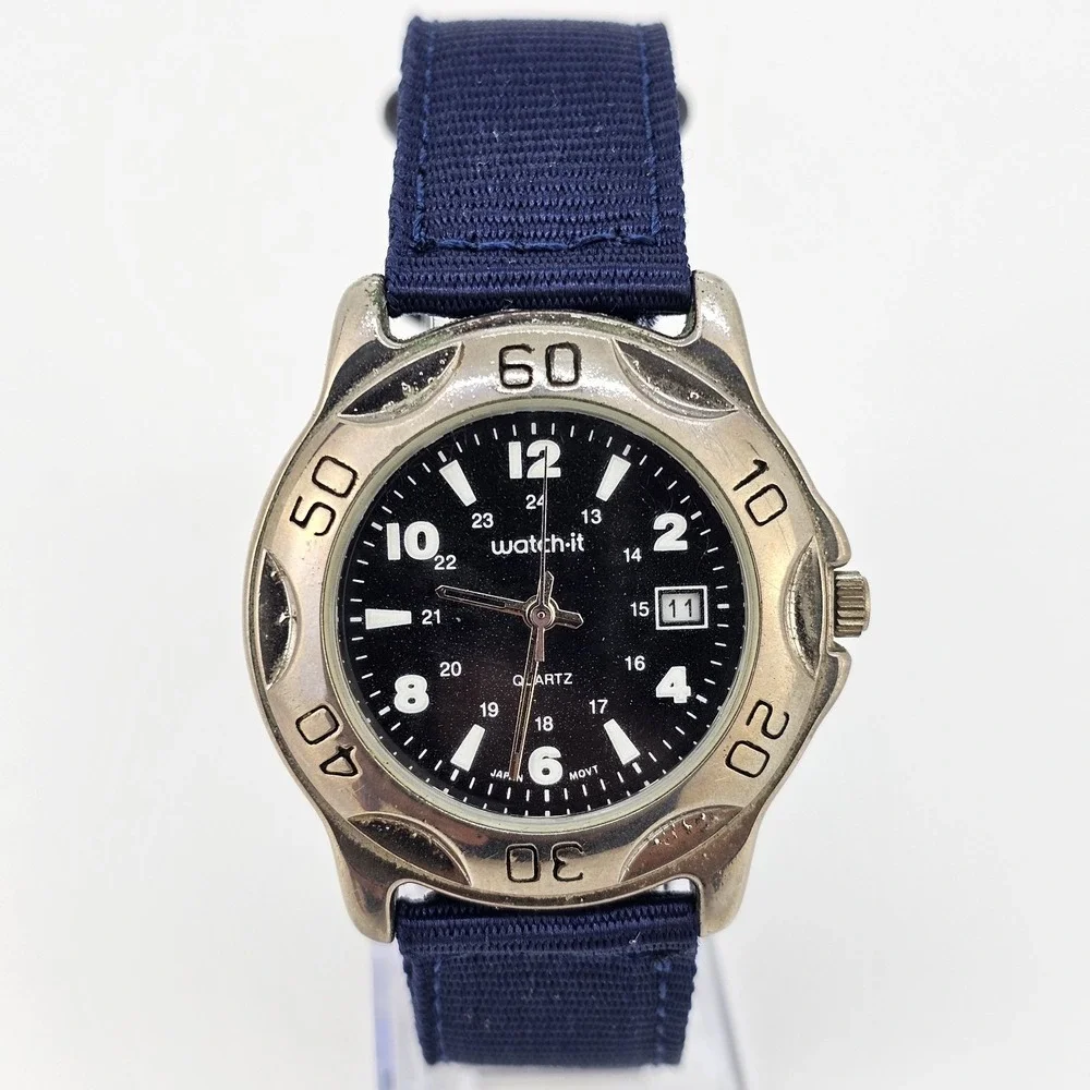 Men's Field Analog Watch 38MM Black Dial Date NEW Blue Nylon Bands NEW Battery
